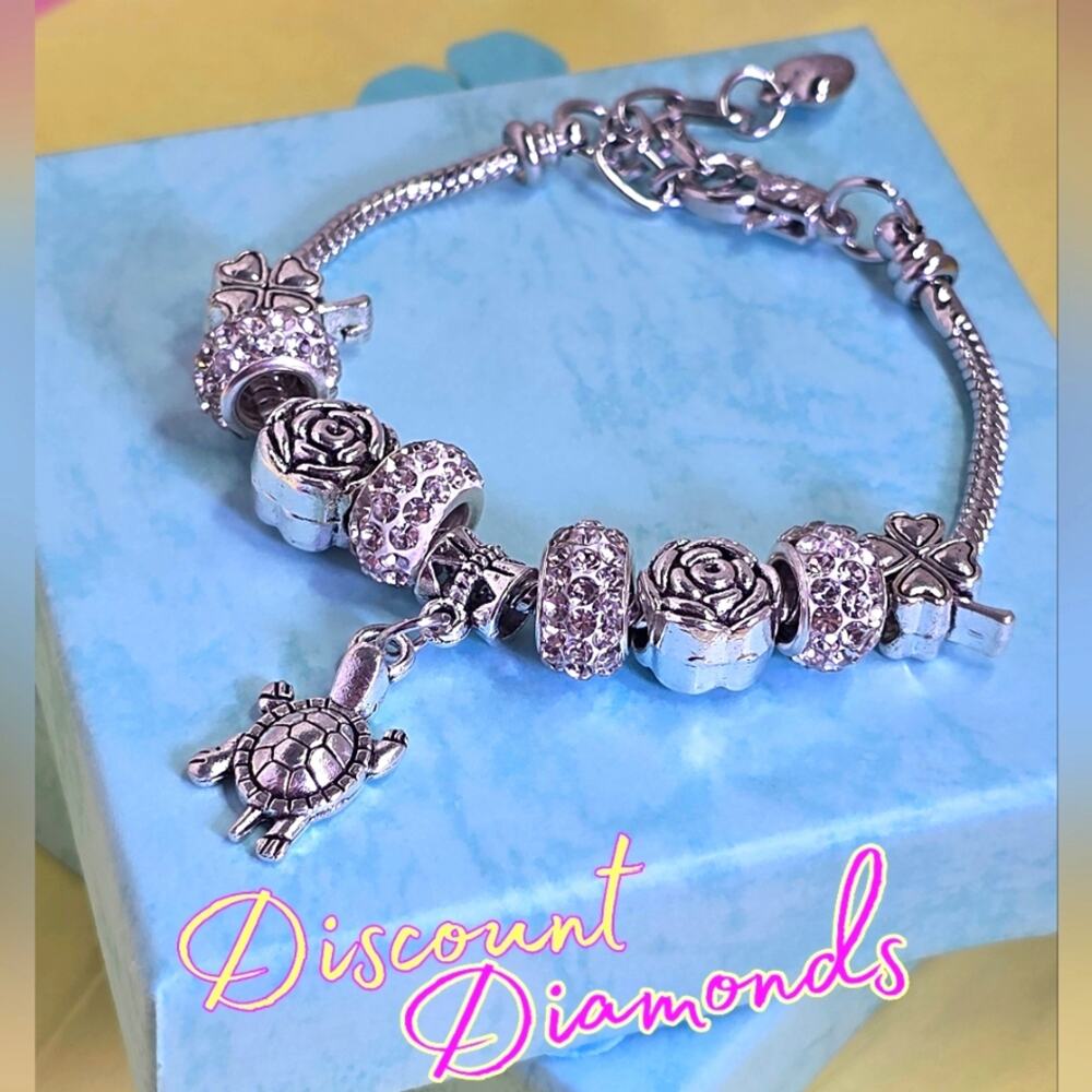 Silver Dangling Turtle Charm Open Back / Aligator Clip Pandora Bracelet